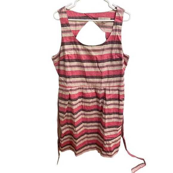 Ann Taylor LOFT Dress Womens 16 Striped Linen Blend Mini Belted Cut Out Back - Picture 3 of 13